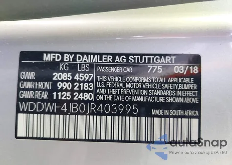 2018 Mercedes-Benz C 300 из США, поврежденный, VIN WDDWF4JB0JR403995